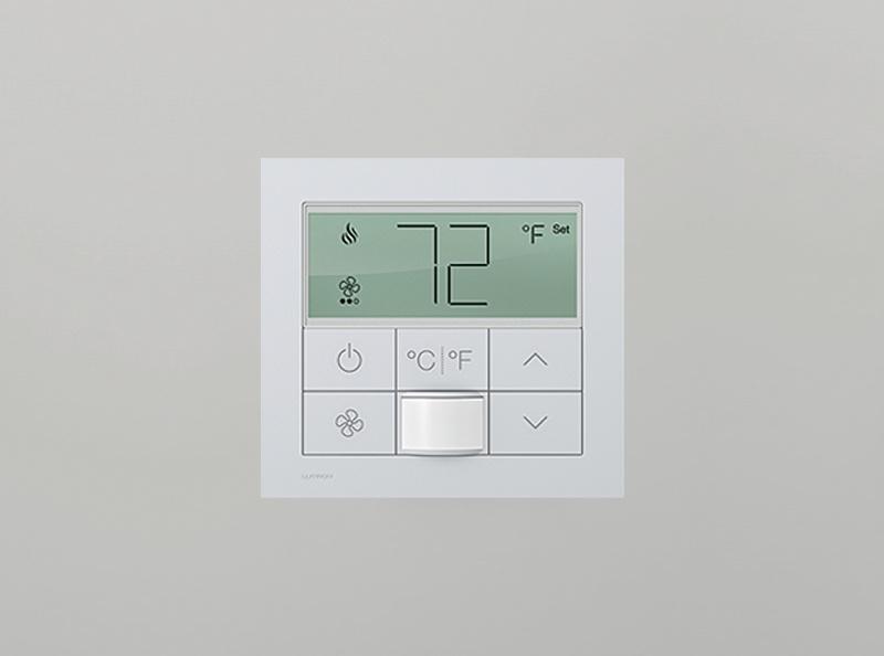 Lutron wall-mounted digital thermostat displaying a temperature of 72°F.