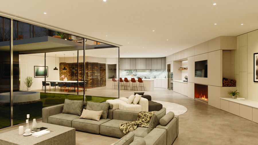 Modern open-concept living room with recessed ceiling lighting, floor-to-ceiling windows, contemporary furnishings, and a built-in TV and fireplace.