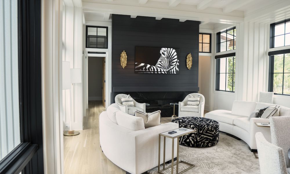 A modern living room with a white sectional.